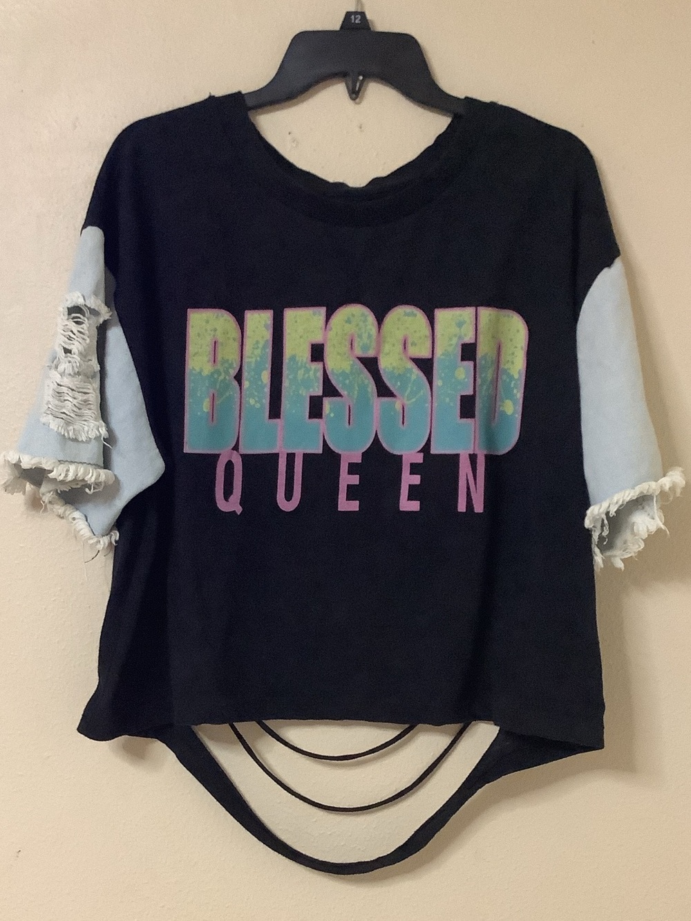 Blessed Queen Graphic Crop Tee - Black with Light Blue Sleeves